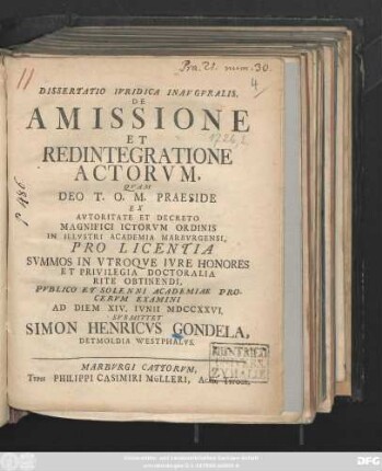 Dissertatio Ivridica Inavgvralis De Amissione Et Redintegratione Actorvm
