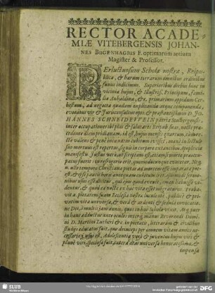 Rector Academiae Vitebergensis Johannes Bugenhagius F. optimarum artium Magister & Professor