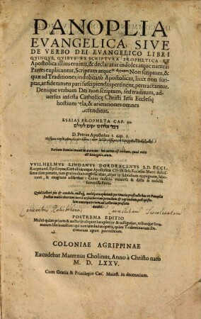 Panoplia evangelica : sive de verbo Dei evangelico libri quinque, quibus ex scriptura proph. et apost. illius eruitur et declaratur indoles atque natura