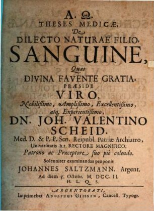 Theses medicae de dilecto naturae filio, sanguine