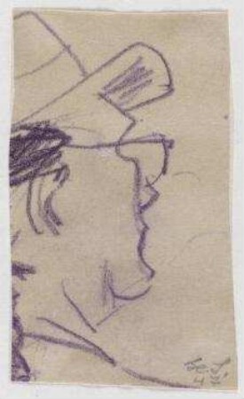 [o.T.]. Männerkopf mit Hut und Brille