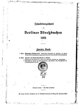 Inhaltsverzeichnis des Berliner Adreßbuches 1922