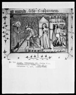 Perikopenbuch des Erzbischofs Kuno von Falkenstein: Die Pharisäer bringen eine Frau zu Christus, die des Ehebruchs beschuldigt wird