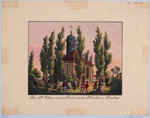 Die zweite Johanniskirche (Böhmische Kirche) in Dresden (Abriss 1861 für Johann-Georgen-Allee, heute Lingnerallee) auf dem Johanniskirchhof