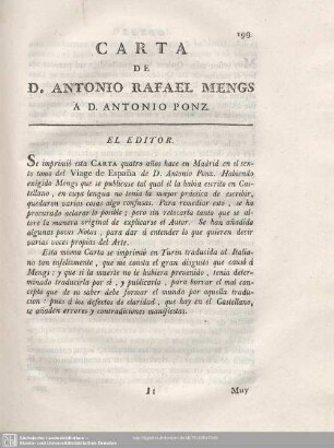 CARTA DE D. ANTONIO RAFAEL MENGS A D. ANTONIO PONZ.