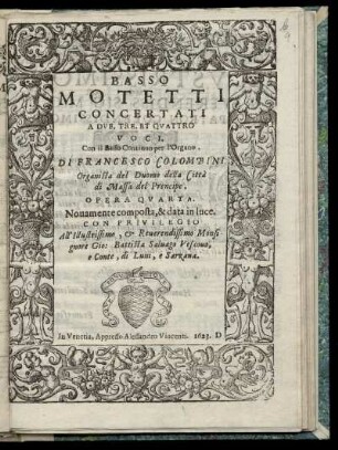 Francesco Colombini: Motetti concertati a due, tre, et quattro voci. Basso