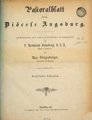 Pastoralblatt für die Diözese Augsburg. 30. 1887
