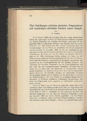 Über Beziehungen zwischen absoluten Temperaturen und zugehörigen absoluten Drucken nasser Dämpfe