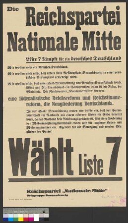 Wahlplakat der Reichspartei (Nationale Mitte) zur Stadtverordnetenwahl am 1. März 1931