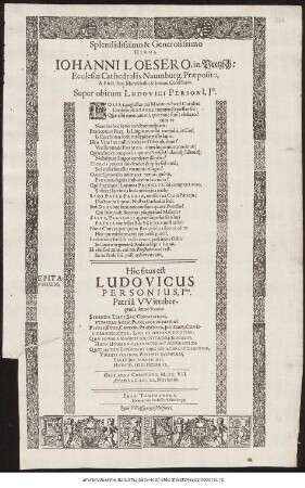 Splendidissimo & Generosissimo Heroi, Johanni Loesero, in Pretzsch: Ecclesiae Cathedralis Naumburg. Praepositio, & Elect. Sax. Mareschallo & Intimo Consiliario : Super obitum Ludovici Personii, Icti ...
