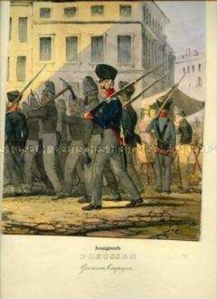 Uniformdarstellung, Garnisonskompanie, Preußen, 1838/1843. Aus: Eckert/Monten: Das deutsche Bundesheer. Tafel 39.