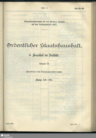II. Haushalt der Zuschüsse. Abschnitt G. Haushalt des Finanzministeriums. Kap. 53-60