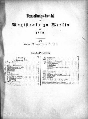 No. I. Verwaltungs-Bericht des Magistrats zu Berlin pro 1879 (Haupt-Verwaltungsbericht)