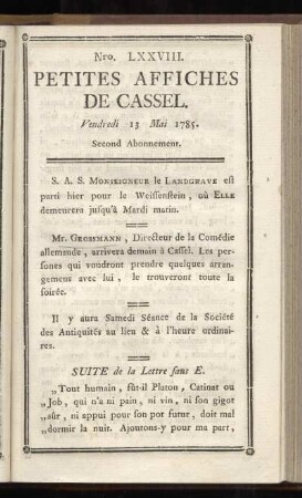 No LXXVIII (Vendredi 13 Mai 1785)