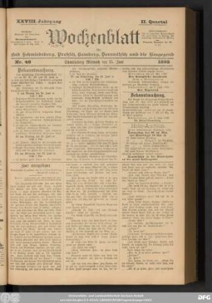 Wochenblatt für Bad Schmiedeberg, Pretzsch, Kemberg, Dommitzsch und die Umgegend, Nr. 48 Schmiedeberg Mittwoch den 15. Juni