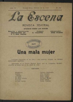 Una mala mujer : comedia dramática en un acto y tres cuadros