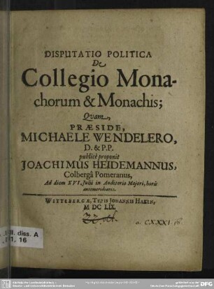 Disputatio politica De collegio Monachorum & Monachis