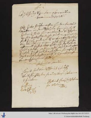 Einleger mit Notizen von 1720.