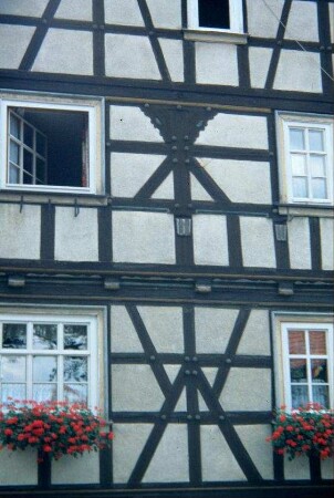 Detail voriges Bild: Fachwerkschmuck an der Giebelseite; Köpfe der Holznägel kräftig gearbeitet