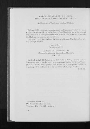 Marcus Nordheim (1812-1899), seine Familie und seine Stiftungen : Berichtigung und Ergänzung zu Band 11 Heft 3