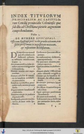 Index Titulorum Principalium Ac Capitulorum Concilii provincialis Coloniensis.