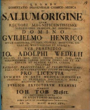 Dissertatio Inavgvralis Chimico-Medica De Salium Origine