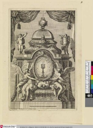 [Tabernakel mit zwei Engeln, die ein ovales Bild der Hostie tragen; Tabernacle orné d'un Saint-Sacrement dans un ovale]