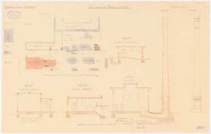 Kadettenanstalt, Wahlstatt Schwimmhalle: Lageplan 1:500. Kesselhaus, Maschinenhauswerkstatt, Vorraumwerkstatt, Aschengrube/ Kohlenraum, Dampfschornstein 1:100