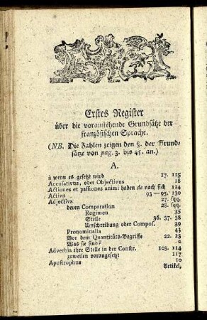 Erstes Register über die voranstehende Grundsätze der französischen Sprache.