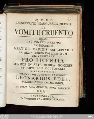 Dissertatio Inauguralis Medica De Vomitu Cruento