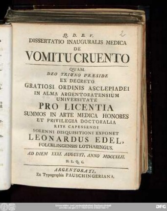 Dissertatio Inauguralis Medica De Vomitu Cruento