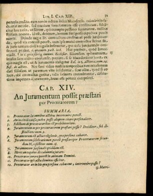 Cap. XIV. An Iuramentum possit praestari per Procuratorem?