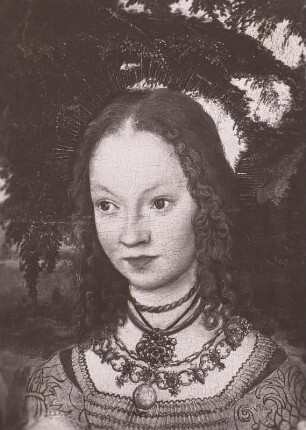 Katharinenaltar, linker Flügel : Ausschnitt mit dem Brustbild der Heiligen Agnes