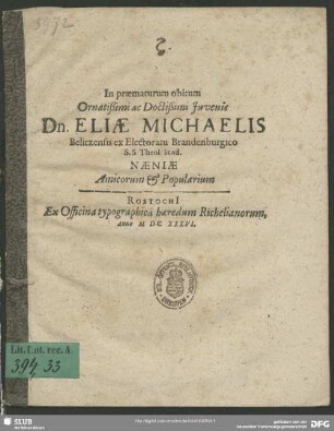 In praematurum obitum Eliae Michaelis naeniae amicorum et popularium