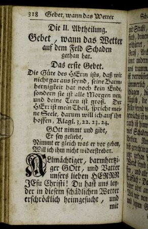 Die II. Abtheilung. Gebet, wann das Wetter auf dem Feld Schaden gethan hat.