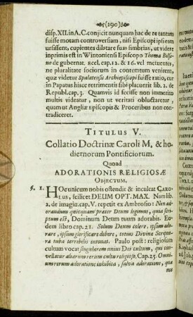 Titulus V. Collatio Doctrinæ Caroli M. & hodiernorum Pontificiorum. Quoad Adorationis Religiosæ Objectum.