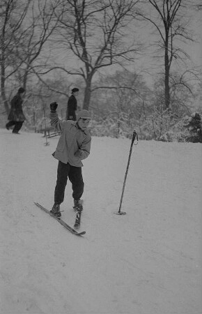 Kinder beim Ski- und Schlittenfahren, Junge mit Skiern bei der Abfahrt