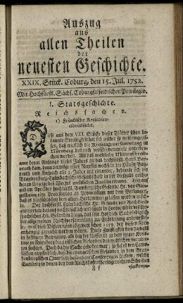 XXIX. Stück. Coburg, den 15. Jul. 1752.