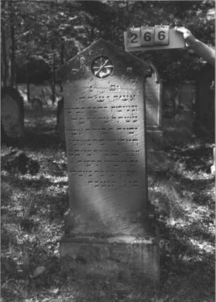 Grabstein 266 (Index: 99609902) Material: Sandstein Zustand: leicht verwittert Maße HxBxT: 153x57x53 cm Beschreibung: Stele, überkragender Giebelabschluß, im Giebel Stern, Sockel Symbolik: Stern: Grabstein 266