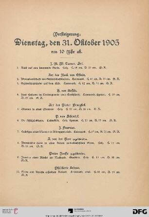 Versteigerung: Dienstag, den 31. Oktober 1905 (Nr. 1-184)