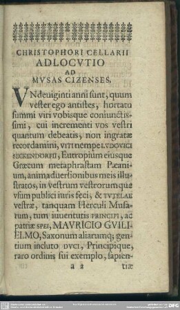 Christophori Cellarii Adlocutio Ad Musas Cizensis