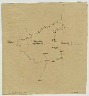 Torgauer Heide, Vorkarte mit Umriß und Meßpunkten. Blatt 3 recto aus: Alte aufgetragenen Mappen welche Churf. Augustus mitt dem Wagen , die Orttung oder schmigung gesucht, vnnd vonn dießenn Rein aufgetragenn, vnnd eine Mappa darauß gemacht wordenn. 2. H. 16. Jh. Zum Teil von des Kurfürsten eigener Hand. Dresden: SLUB Mscr.Dresd.Q.187.m