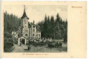 Marienbad. St. Hubertus. Malerei auf Fotografie : Marienbad. Haus St. Hubertus der Villa "Hubertusburg" mit Pferdekutsche. Bemaltes Negativ zur Herstellung von Ansichtspostkarten