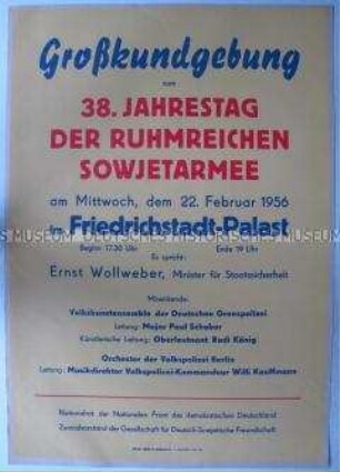 Maueranschlag mit Programm einer Kundgebung im Berliner Friedrichstadt-Palast aus Anlass des 38. Jahrestages der Sowjetarmee