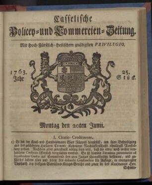25. Stueck, Montag den 20ten Junii 1763