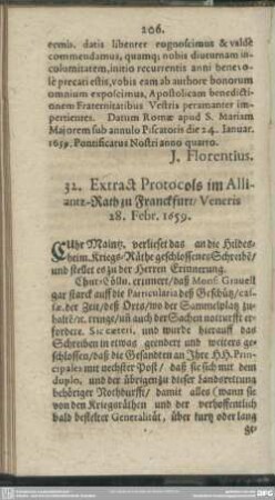 32. Extract Protocols im Alliantz-Rath zu Franckfurt, Veneris 28. Febr. 1659