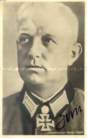 Autogrammpostkarte von Ritterkreuzträgern des Zweiten Weltkriegs: Oberstleutnant Walter Gorn