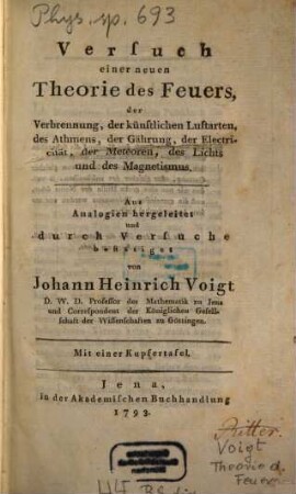 Versuch einer neuen Theorie des Feuers, der Verbrennung, der künstlichen Luftarten, des Athmens, der Gährung, der Electricität, der Meteoren, des Lichts und des Magnetismus
