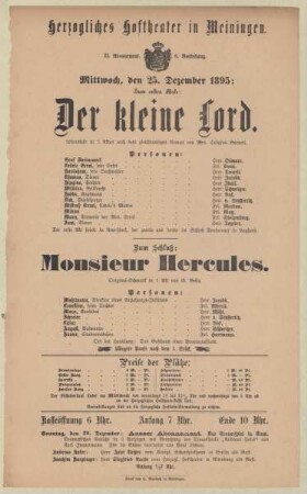 Theaterzettel zur Aufführung des Lebensbildes "Der kleine Lord. von Hodgson Burnett " und des Original-Schwankes "Monsier Herkules. von G. Belly" in der Spielzeit 1895/96 des Herzoglichen Hoftheaters in Meiningen.