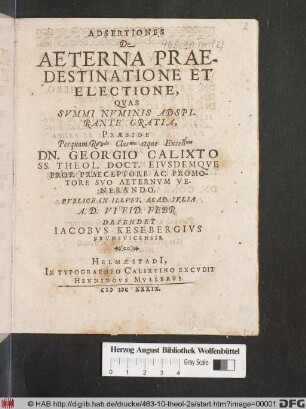 Adsertiones De Aeterna Praedestinatione Et Electione